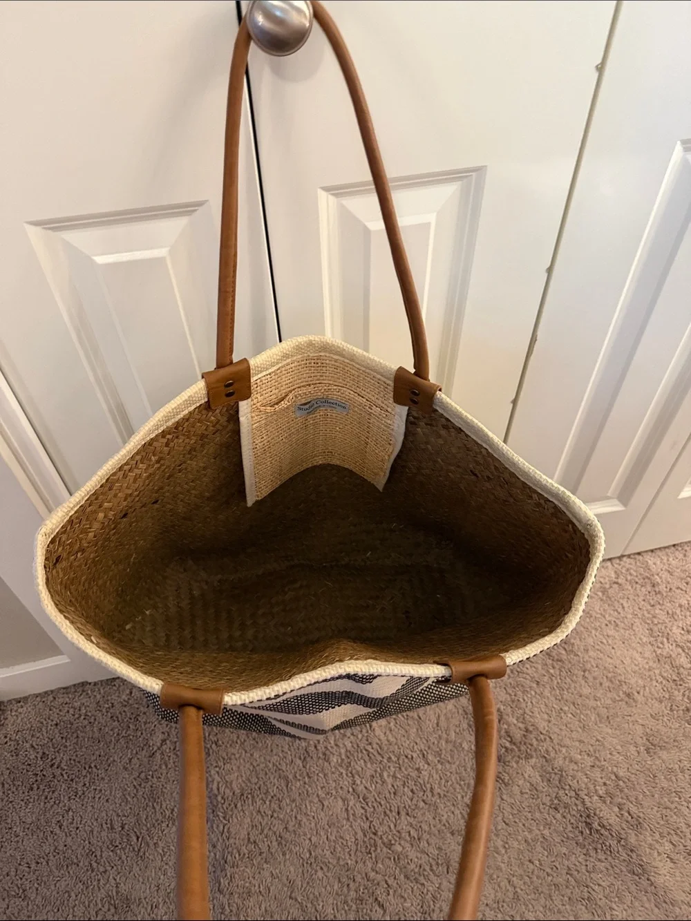 Striped Straw Tote Bag with Brown Handles